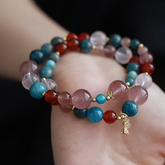 OZ Dunhuang Series MC1005 Double Strand Strawberry Quartz Bracelet - Blue Kyanite, Apatite & Red Agate - Vibrant Colorblock Gemstone Gift